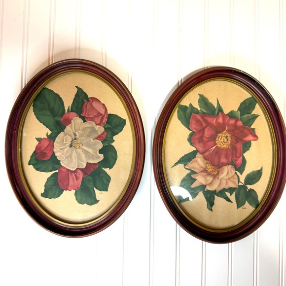 1950s Vintage Oval Floral Prints Signed Eula, Cottagecore Wall Art Set - Picture 6 of 8